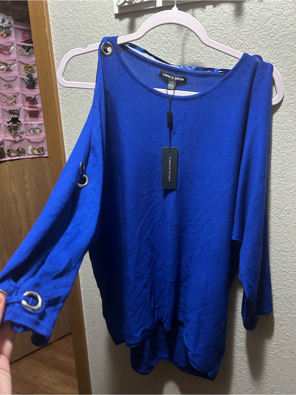 Cable & Gauge Royal Blue Off-Shoulder Sweater with Grommet Detail